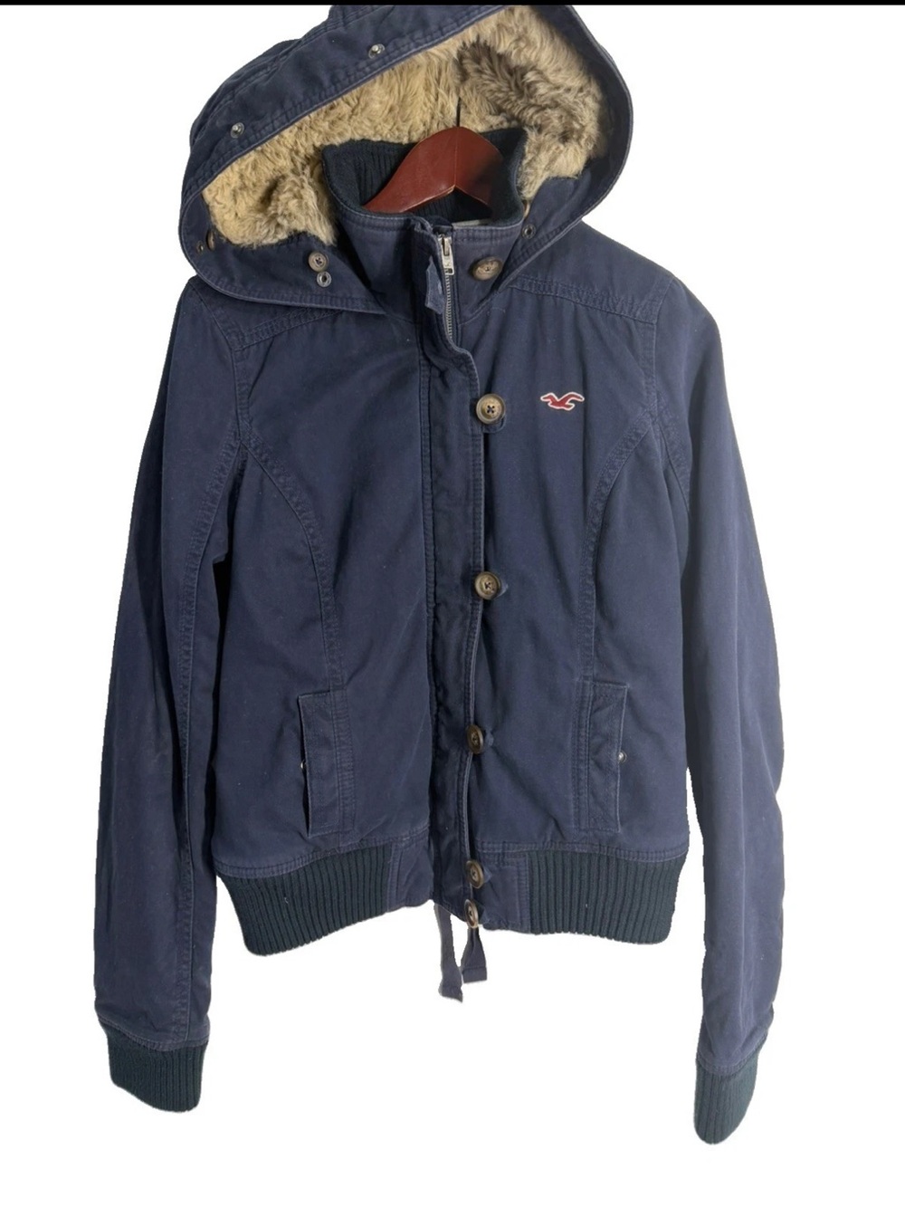 Vintage Y2K Hollister Fur Lined Hooded Cropped Bomber Jacket Coat L Navy Blue